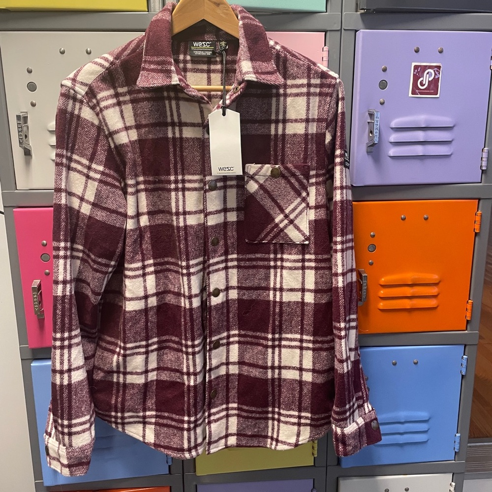 Wesc Unisex Maroon and Cream Plaid Shirt/Shacket, S